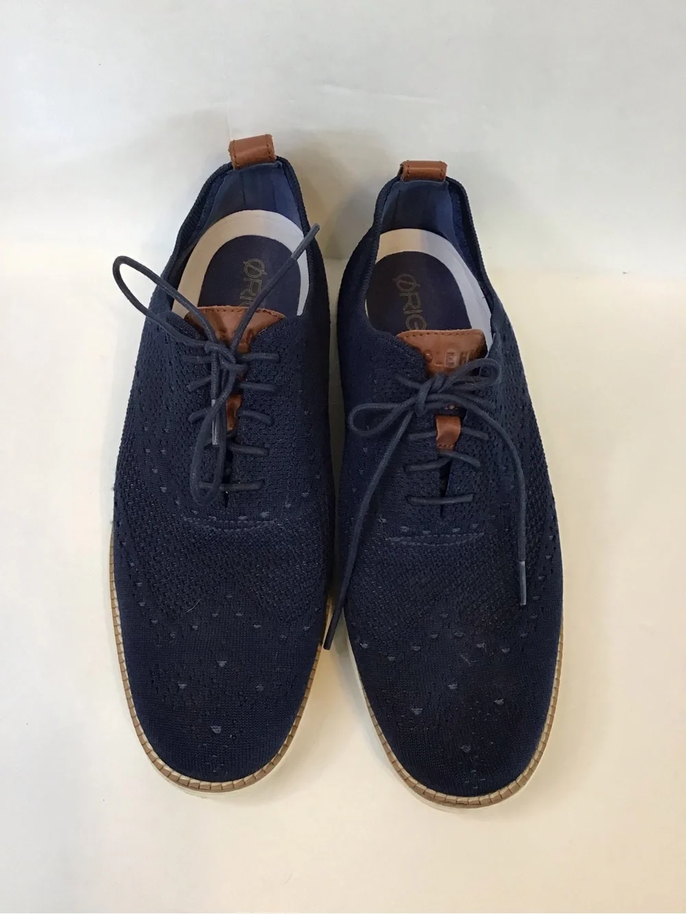 Cole Haan Men's Navy Knit Lace-Up Oxfords with Brown Trim 9.5